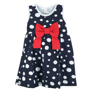 Детска рокля, Тъмно синя, на бели точки, с червена панделка