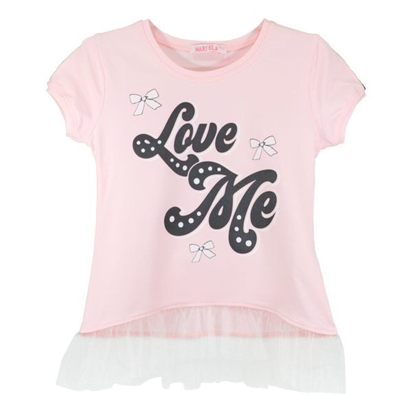 Детска блуза “Обичай ме”, розова, къс ръкав, тюл