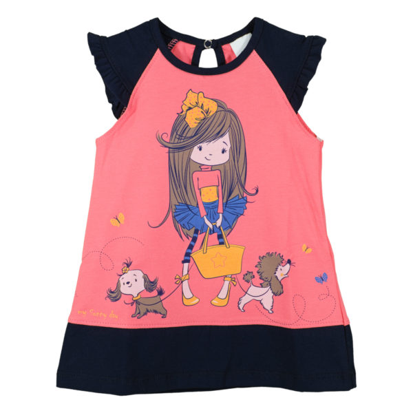 Детска рокля, корал, момиче с кученца
