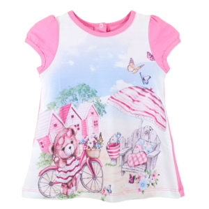 Детска рокля, розова, мече с велосипед