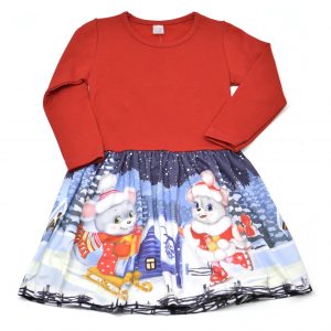 Детска рокля "Зимна приказка”, червено и синьо, дълъг ръкав