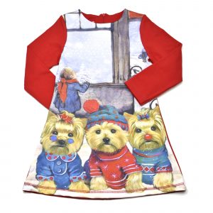 Детска рокля "Три йоркита и дете”, червено и синьо, дълъг ръкав