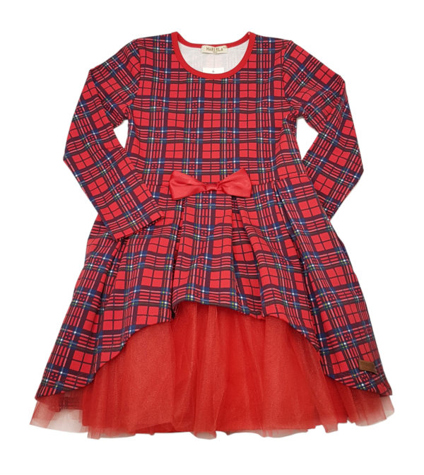 Детска рокля, червено и тъмносиньо каре, дълъг ръкав, тюл
