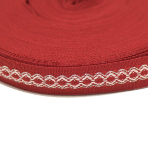 Лента с фолклорни мотиви (шевица), в червен, бял и сребрист цвят, 1.8 см
