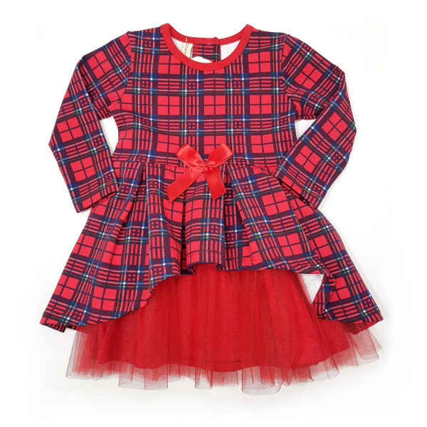 Детска рокля, червена, синьо каре, дълъг ръкав, с тюл и панделка