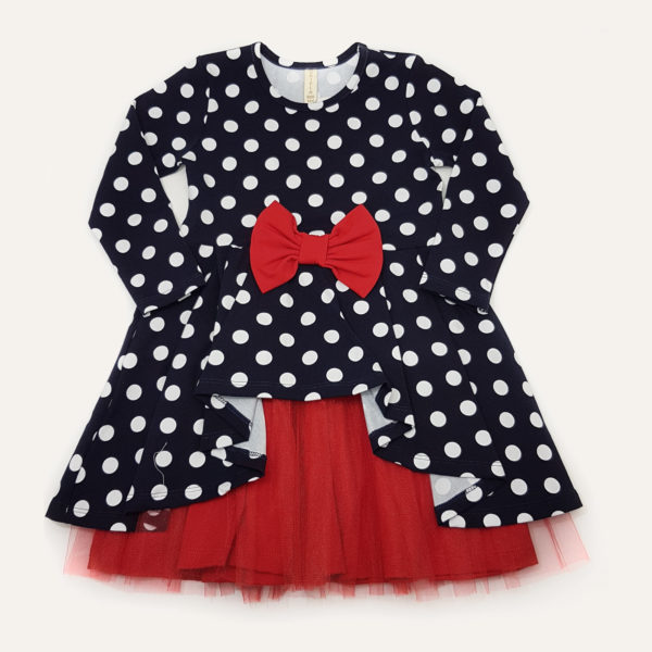 Детска рокля, синя, с бели точки и червена панделка и шифон