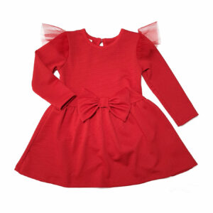 Детска рокля, червена, дълъг ръкав, с крилца от тюл и панделка